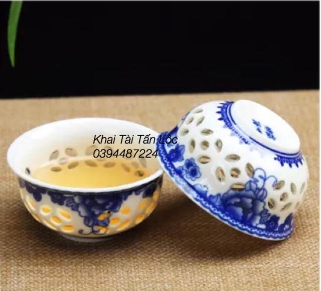 Bộ ấm trà cối xay gốm sứ thấu quang hoa mẫu đơn xanh