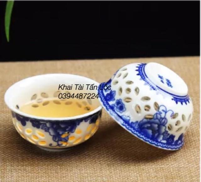 Bộ ấm trà ( cốc chén )gốm sứ thấu quang hoa mẫu đơn xanh