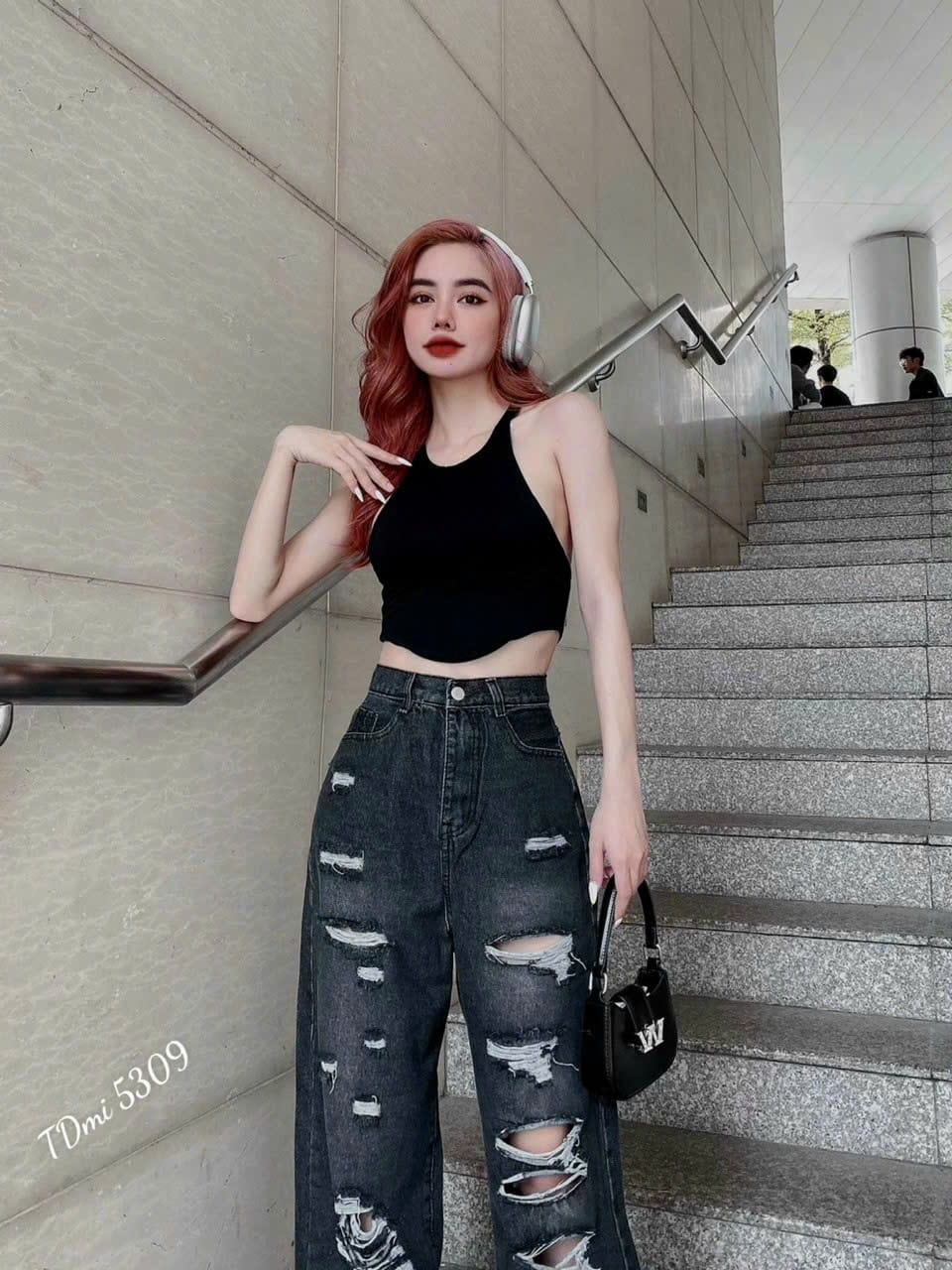 QUẦN BAGGY JEAN NỮ LƯNG CAO RÁCH KIỂU THỜI TRANG