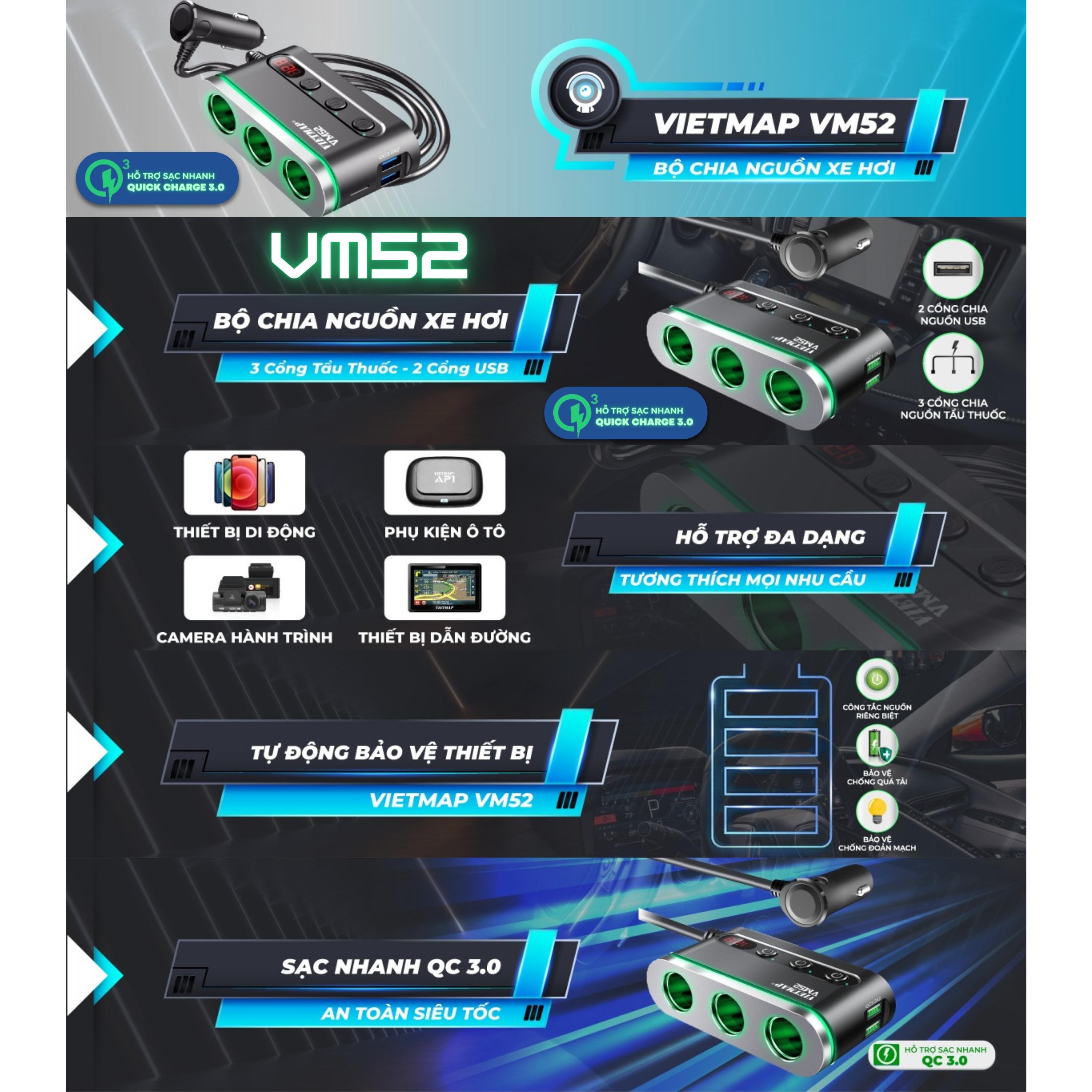 VIETMAP VM52 - Bộ chia sạc ô tô đa năng - Sạc nhanh Quick Charge QC 3.0 - Hàng chính hãng