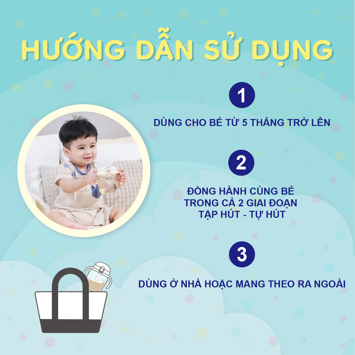 Bình tập hút có nút nhấn đẩy nước RICHELL Nhật chất liệu PPSU 2in1 tập hút & tự hút | Baby