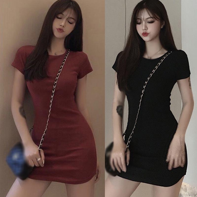 Đầm Thun Ngắn Tay Cổ Tròn Gợi Cảm Dành Cho Nữ