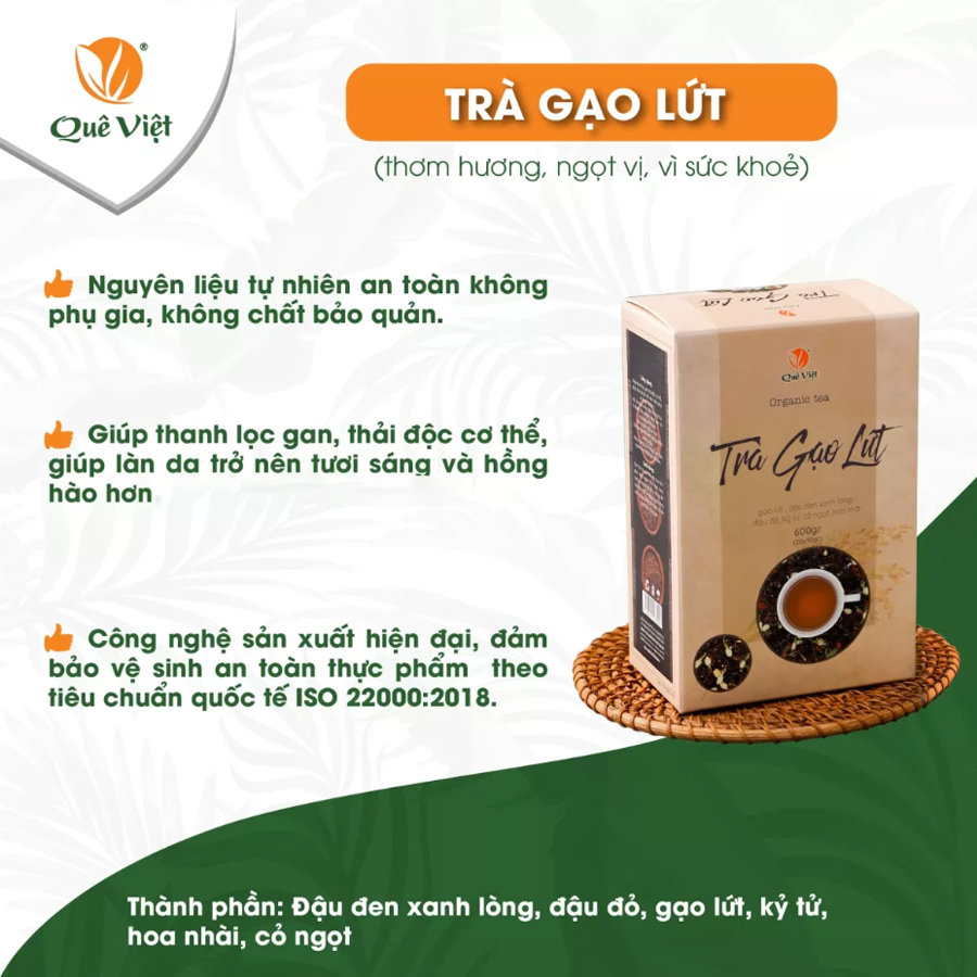 Trà gạo lứt Quê Việt thanh lọc gan, giải độc cơ thể nguyên liệu tự nhiên an toàn (2 hộp x 600gr)
