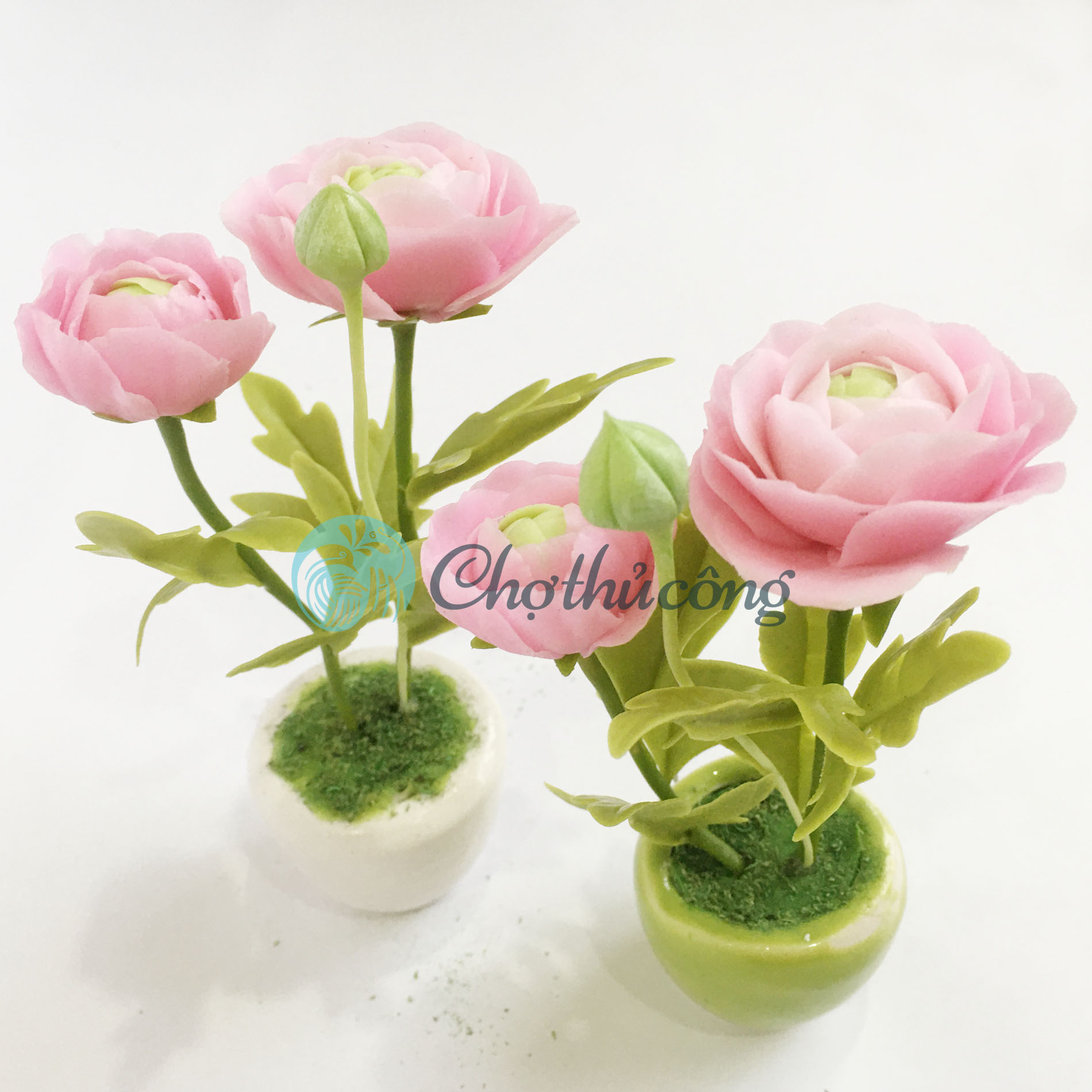 Chậu hoa đất sét mini - Cây hoa mao lương / Ranunculus - Quà tặng trang trí handmade