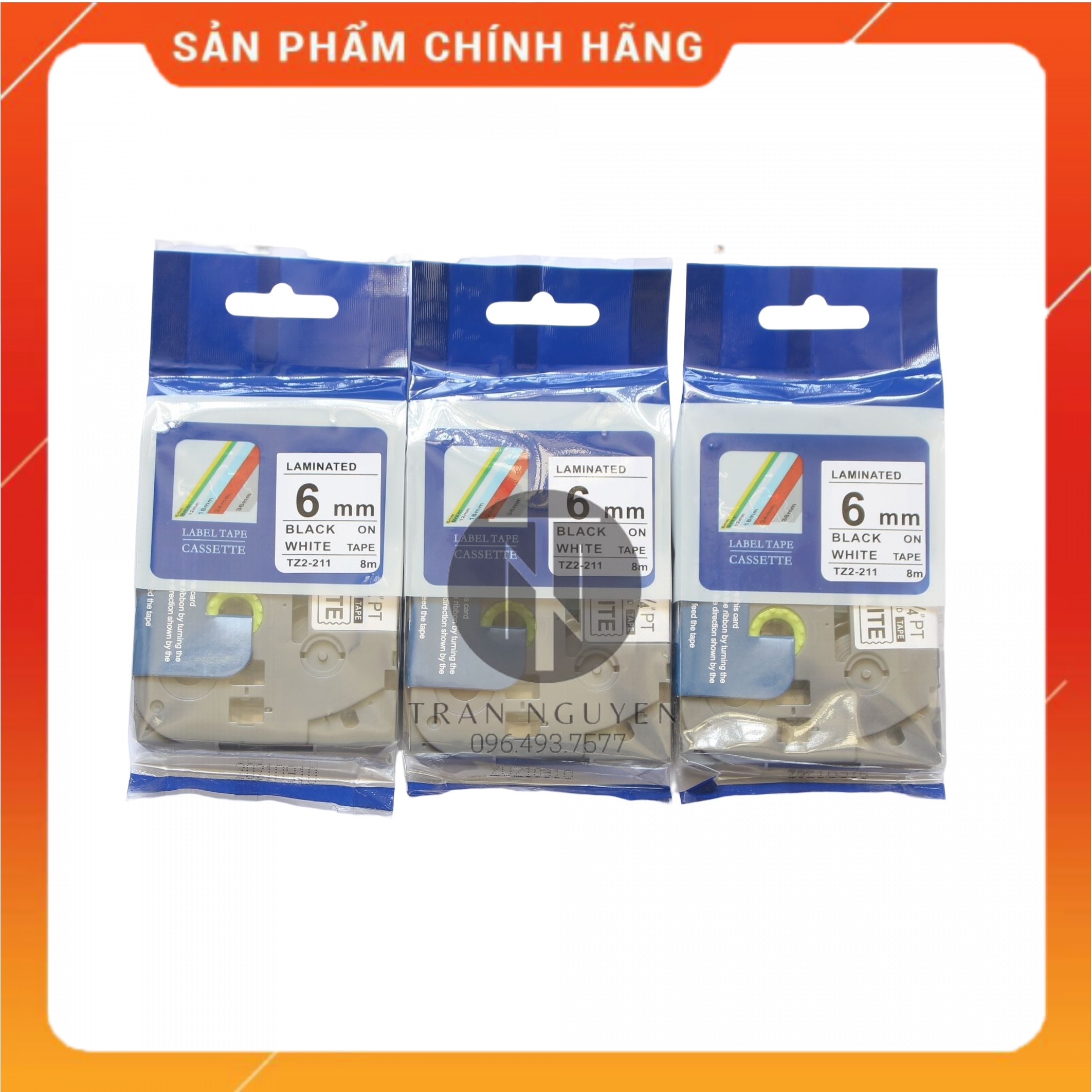 Nhãn In Brother Tz2-211 Đen nền trắng 6mm x 8m - Hàng nhập khẩu