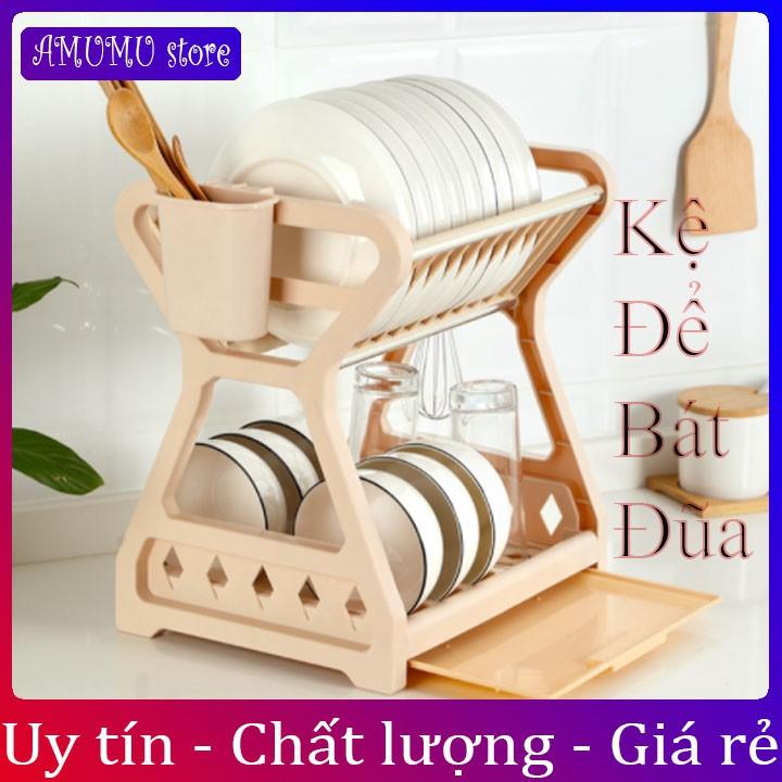 Kệ để bát 2 tầng có ống đựng đũa nhà bếp phòng trọ, Kệ để bát đĩa thoát nước thông minh, Tủ đựng bát mini thông minh