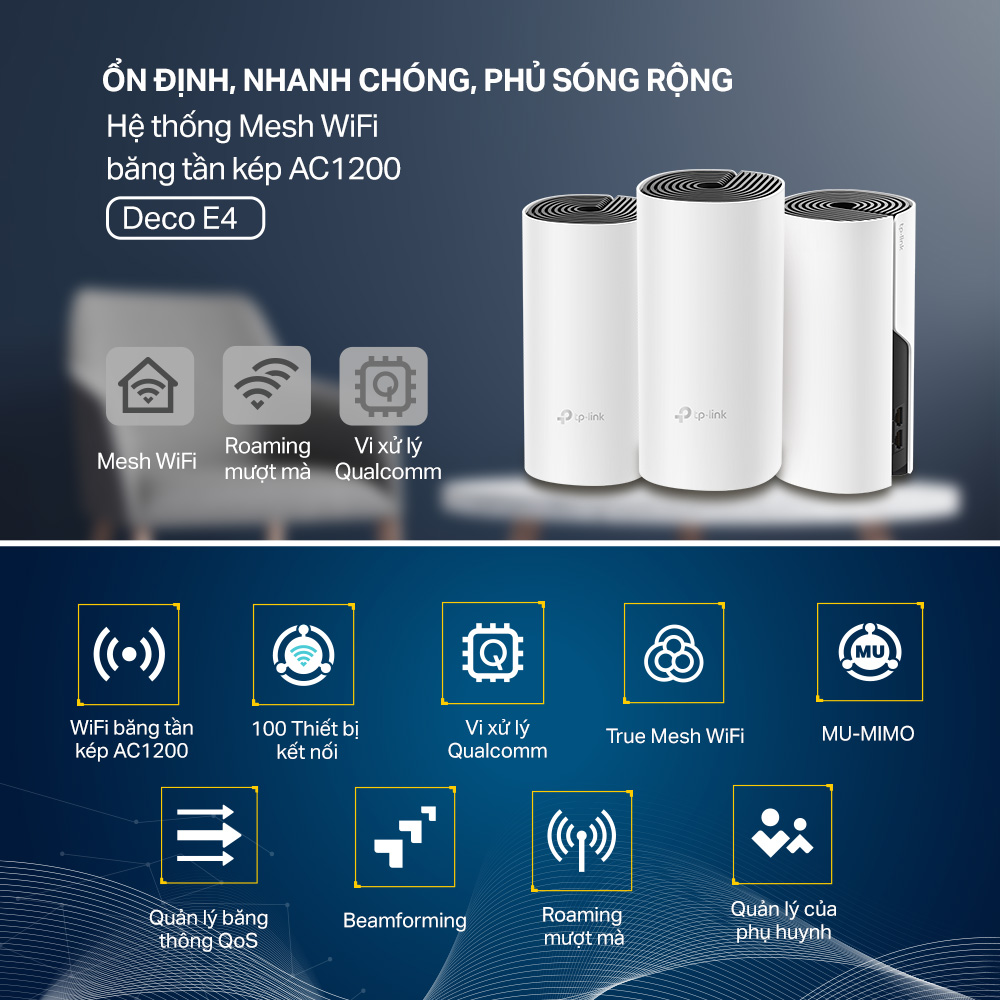 Bộ Phát Wifi Mesh TP-Link Deco E4 (1-pack) Chuẩn AC 1200Mbps Dành Cho Gia Đình - Hàng Chính Hãng