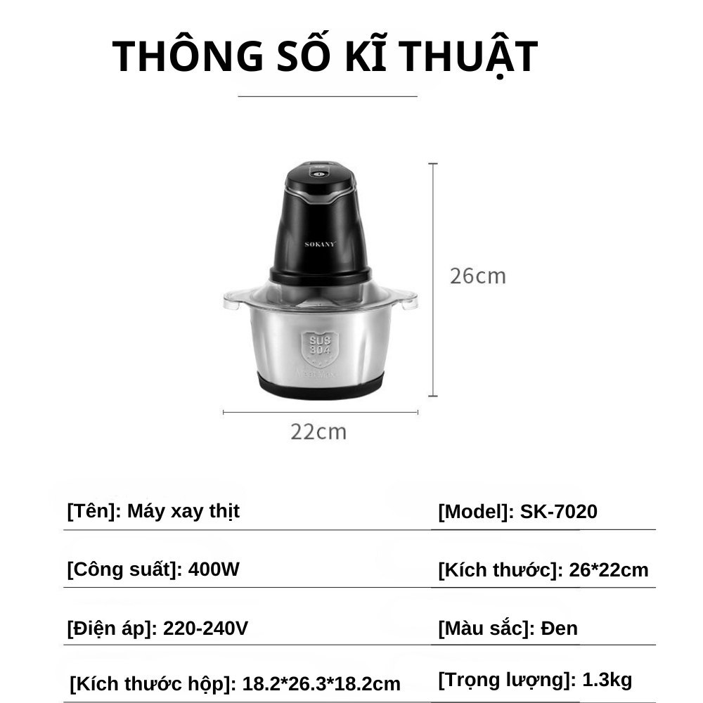 Máy xay thịt đa năng SOKANY SK-7020, dung tích 2L, lưỡi dao 2 tầng xay nhuyễn mọi thực phẩm - HÀNG CHÍNH HÃNG - DELIYA