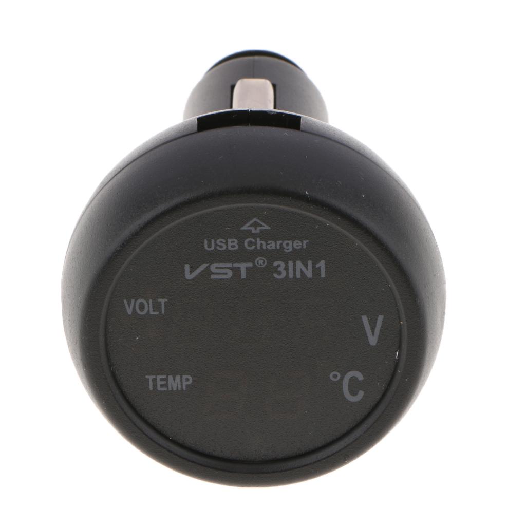 3 in 1 Digital LED car Voltmeter Thermometer Auto Car USB Charger 12V 24V