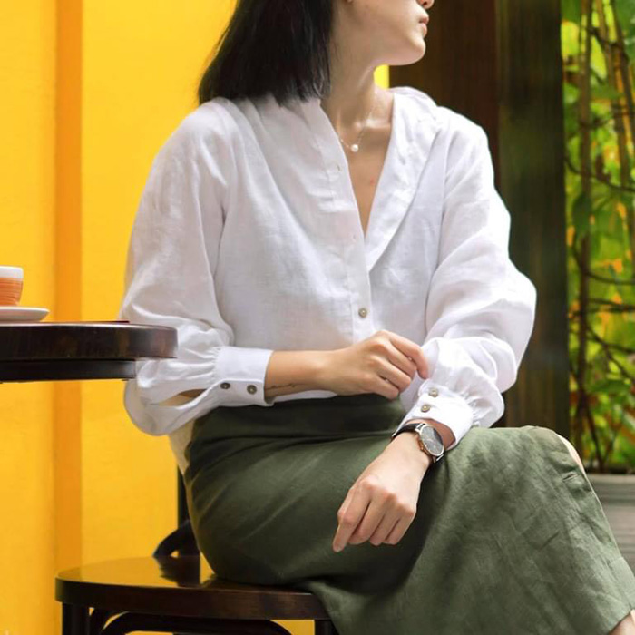 Áo sơ mi công sở nữ dài tay cổ tầu Linen tưng Premium sang trọng trẻ trung ArcticHunter - Trắng
