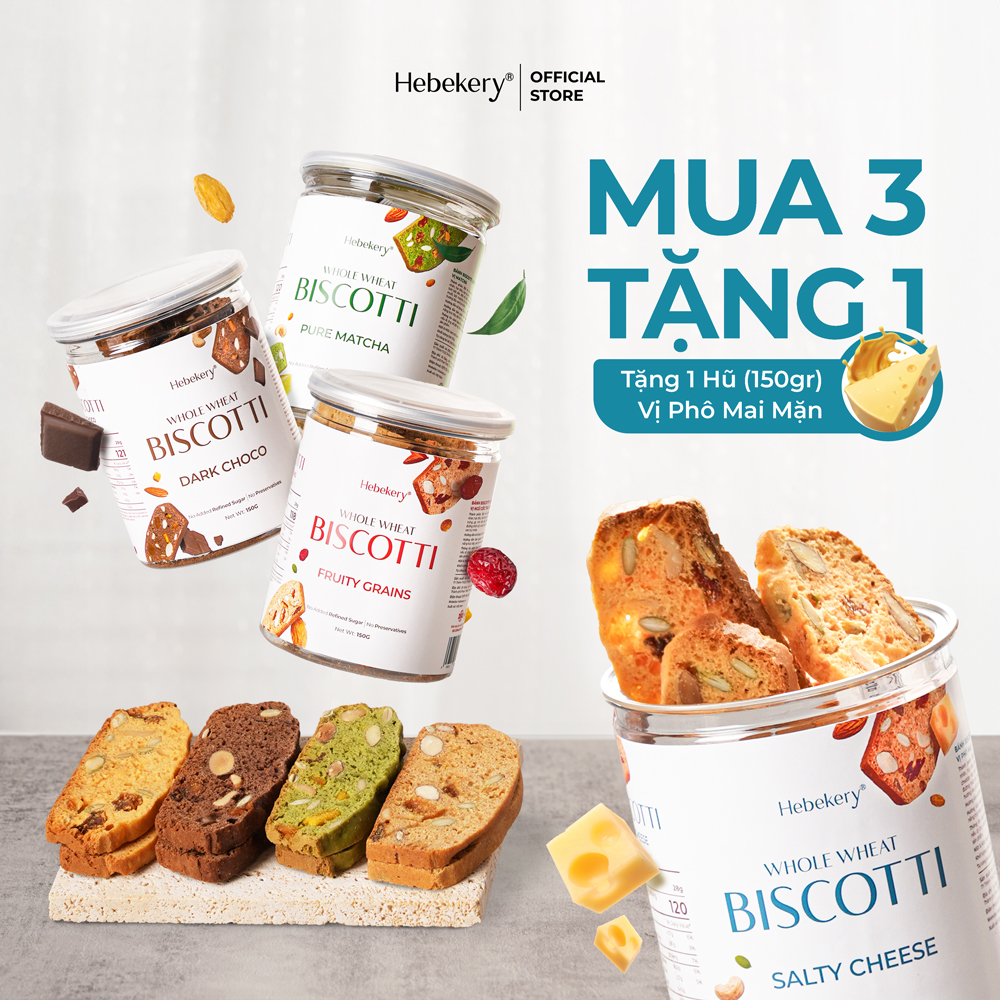 [MUA 3 TẶNG 1] COMBO Trải Nghiệm 3 Hũ Biscotti Nguyên Cám Low Calories 3 Vị (150gr) - Tặng Vị Phô Mai Mặn (150g)