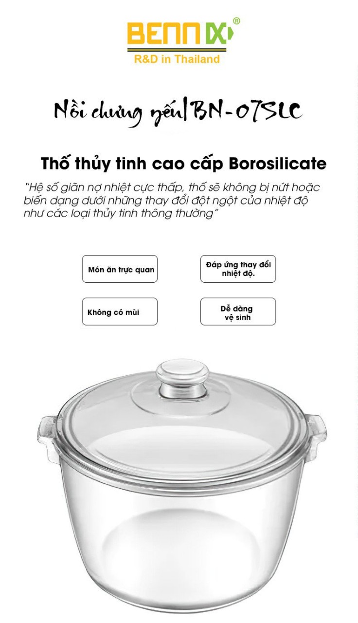 Nồi Chưng Yến Thố Thủy Tinh, Nồi Tiềm Cách Thủy Đa Năng Bennix BN07SLC 0.7L- Hàng Chính Hãng