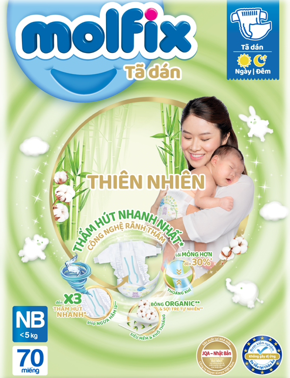 Tã/bỉm dán sơ sinh Molfix Thiên nhiên Jumbo Newborn - Gói 70 miếng