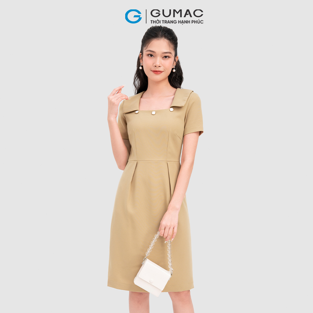 Đầm cổ vuông GUMAC DC11089 phối nút phong cách