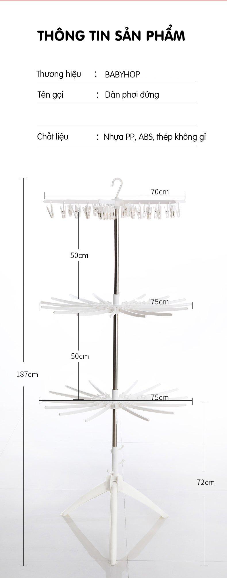 Hình ảnh Giàn phơi đứng cao cấp cho bé 3 tầng thương hiệu Babyhop có thể gấp gọn khi không sử dụng thiết kế chống đổ có thể xoay 360 độ được làm từ nhựa nguyên sinh an toàn cho quần áo của bé - Hàng chính hãng 