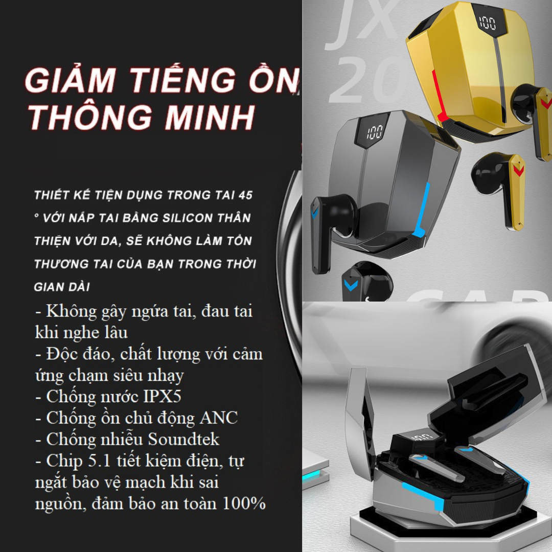 Tai nghe không dây bluetooth Gaming JX20 ENC thiết kế thể thao và gaming cao cấp ( Bản quốc tế, tặng găng gaming