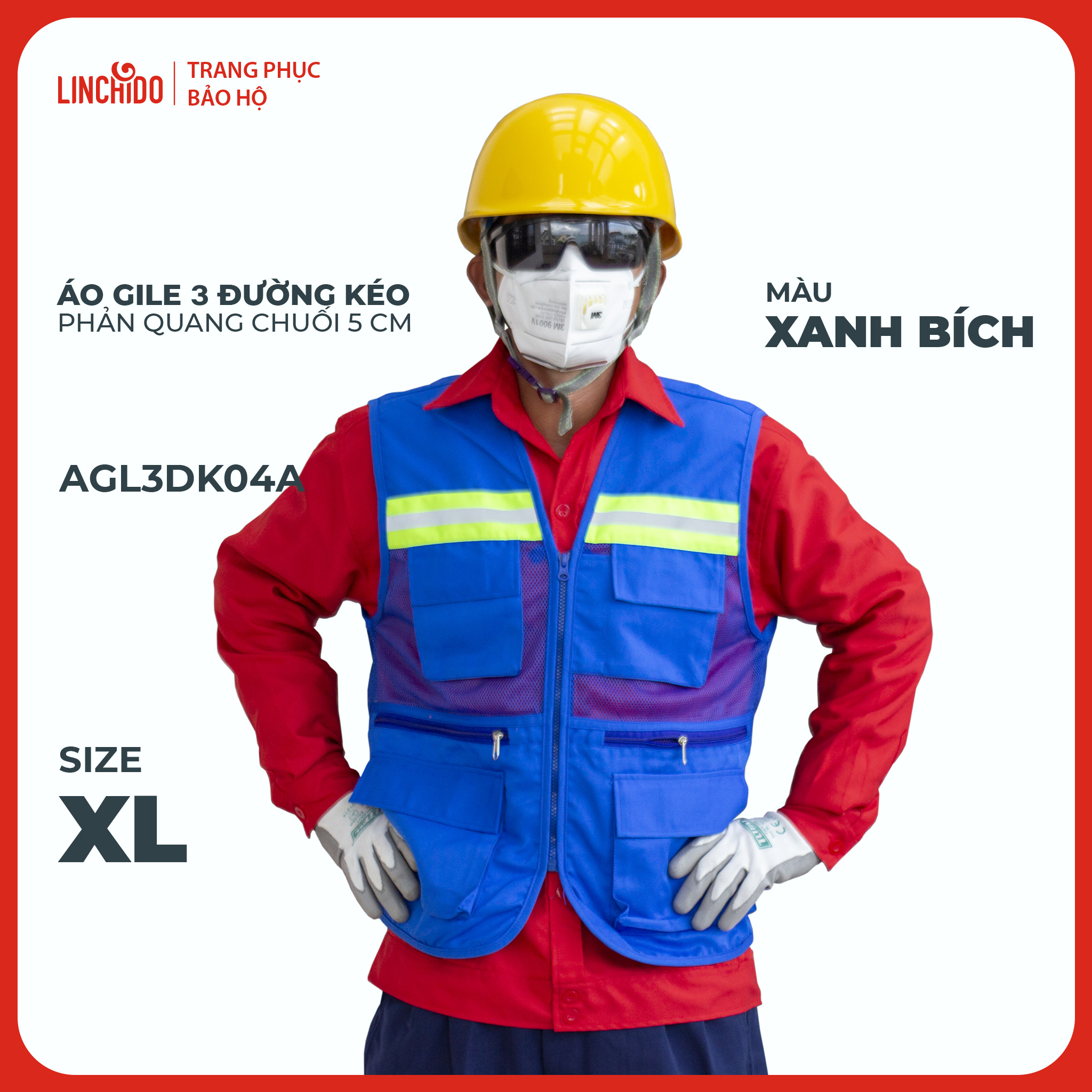 Áo Gile Kỹ Sư, Giám Sát Công Trình, Bảo Hộ Lao Động, 3 Đường Kéo, 6 Túi - Mã AGL3DK04A