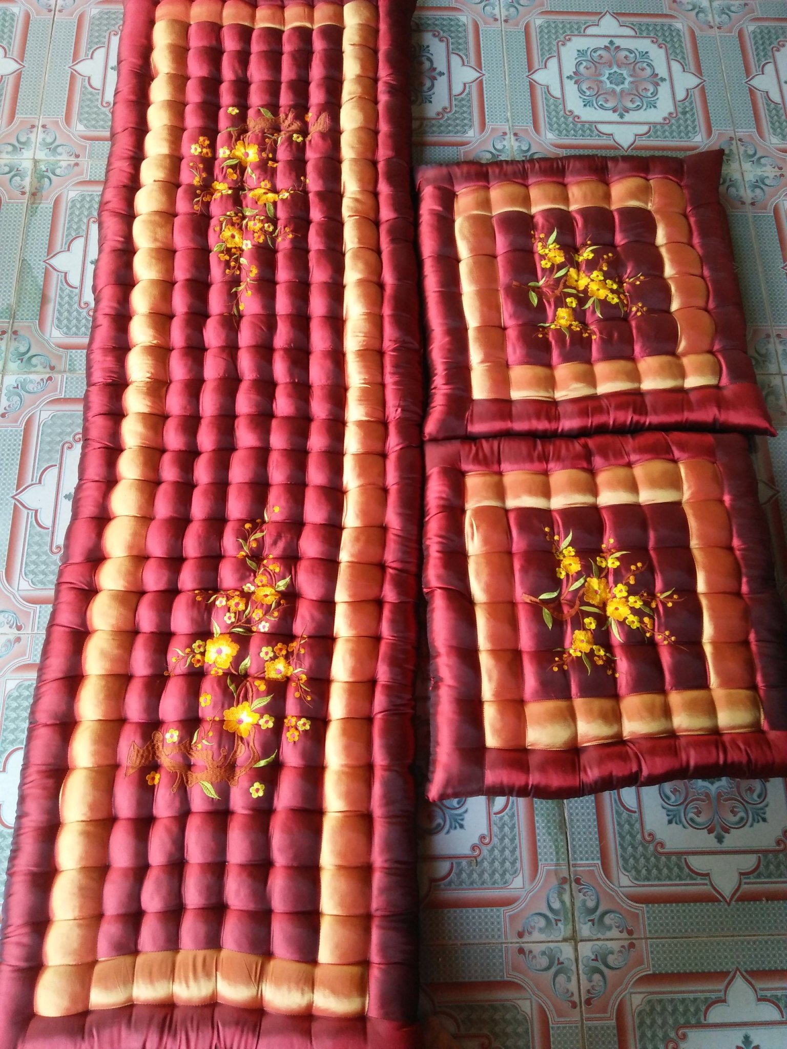 Bộ đệm ngồi ghế gỗ thảm trải ghế sofa 1m70x50x5 cm và 2 ngắn 50x50x5 cm