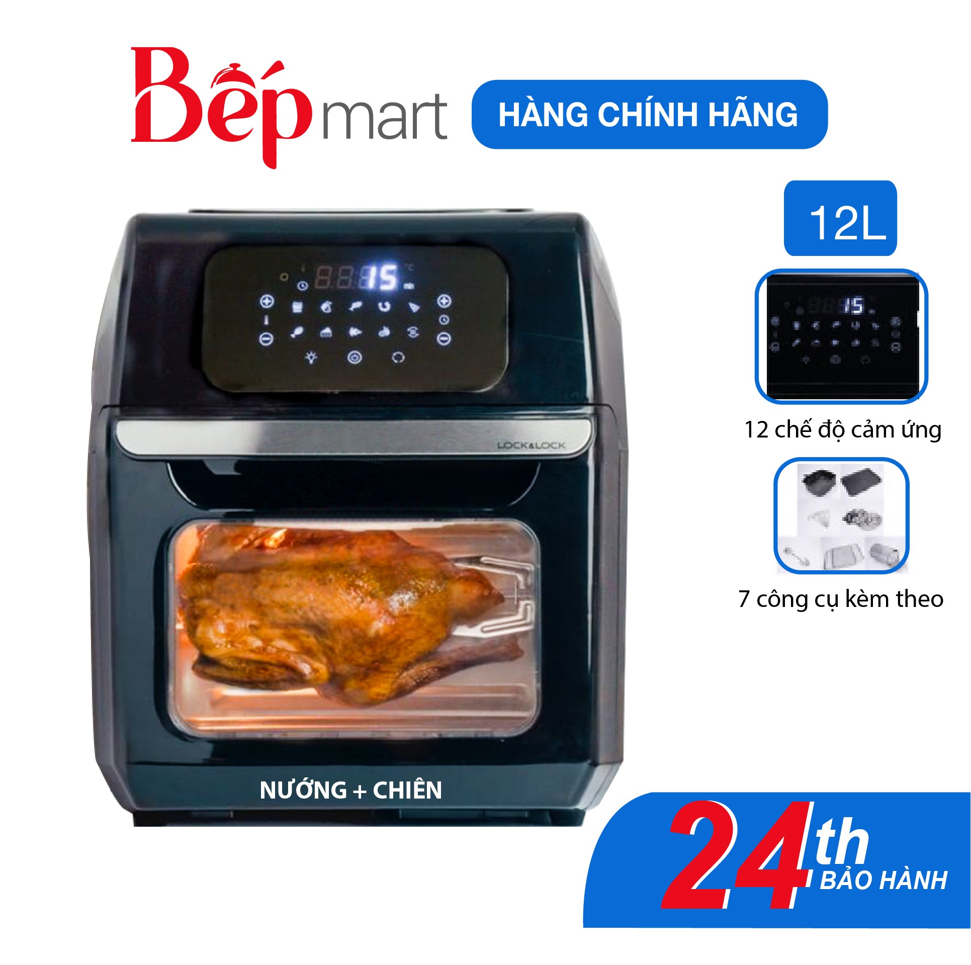 Lò chiên không dầu lock&amp;ock EJF696BLK dung tích 12L công suất 1800W, 10 chức năng nấu - Hàng chính hãng