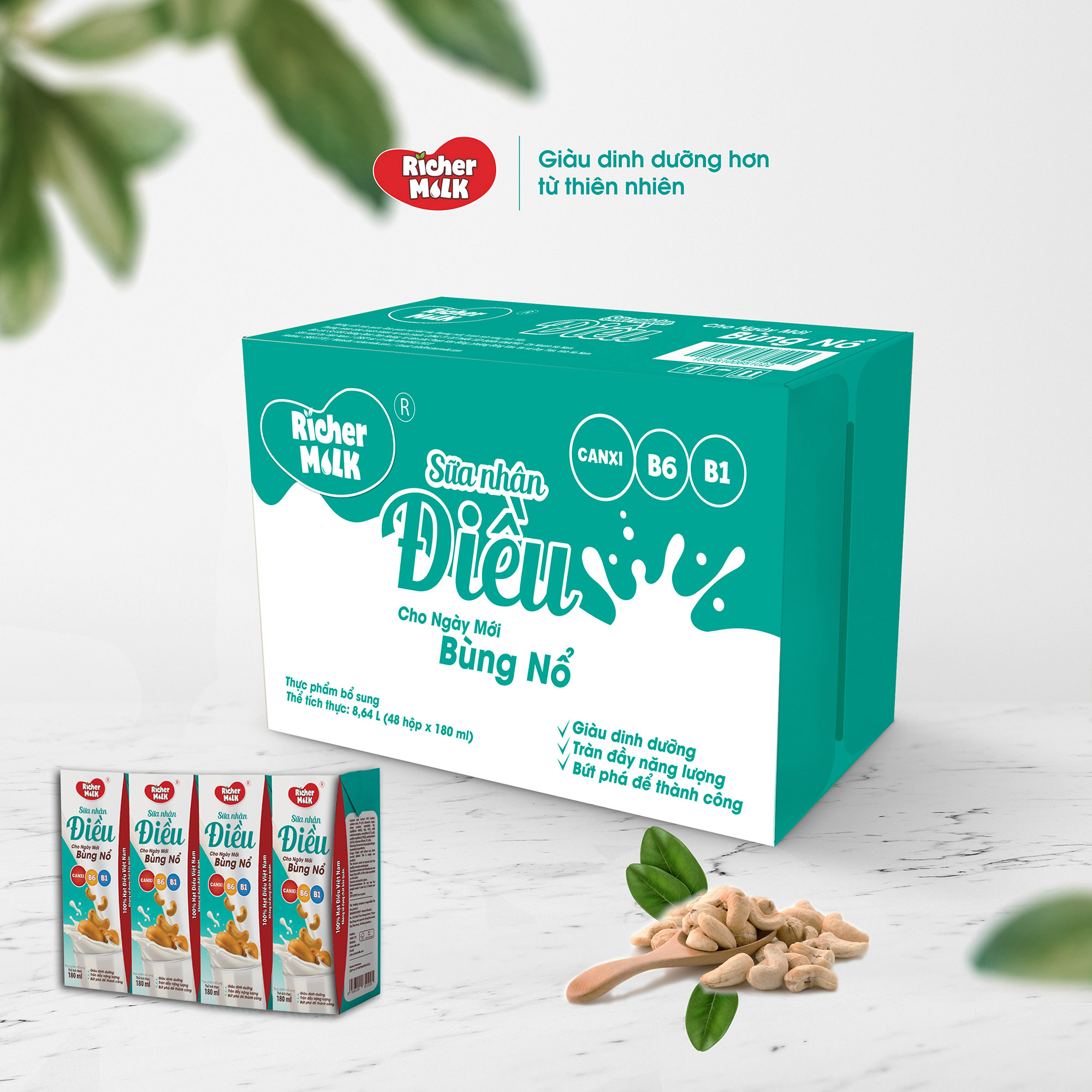 Thùng 48 Hộp Sữa Hạt Điều Nguyên Bản RICHER MILK 180ml (180ml x 48)