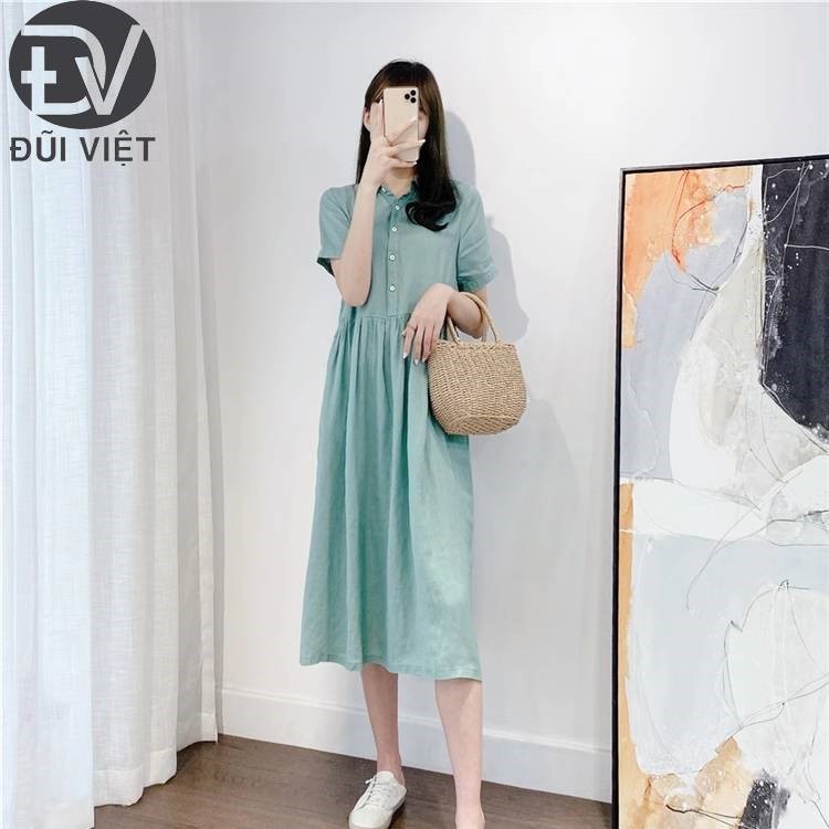 Váy đầm sơ mi dáng dài phong cách Hàn Quốc, chất liệu Linen mềm mát mặc hè Đũi Việt