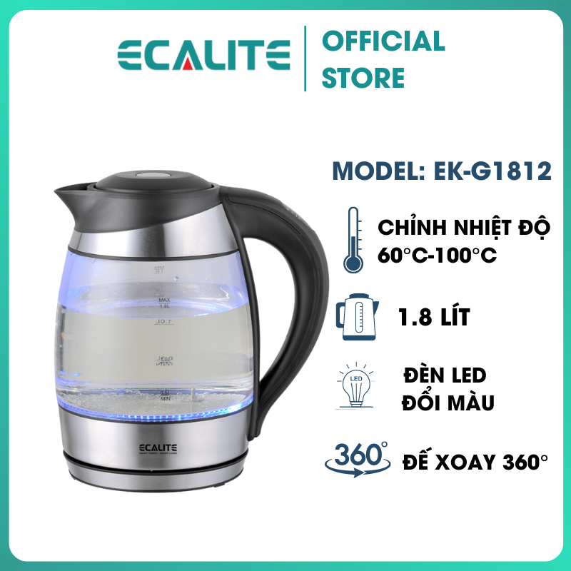 Bình Đun Siêu Tốc Ecalite EK-G1812 (1.8L) - Điều Chỉnh Nhiệt Độ 60°C Đến 100°C - Đèn LED Đổi Màu - Hàng Chính Hãng