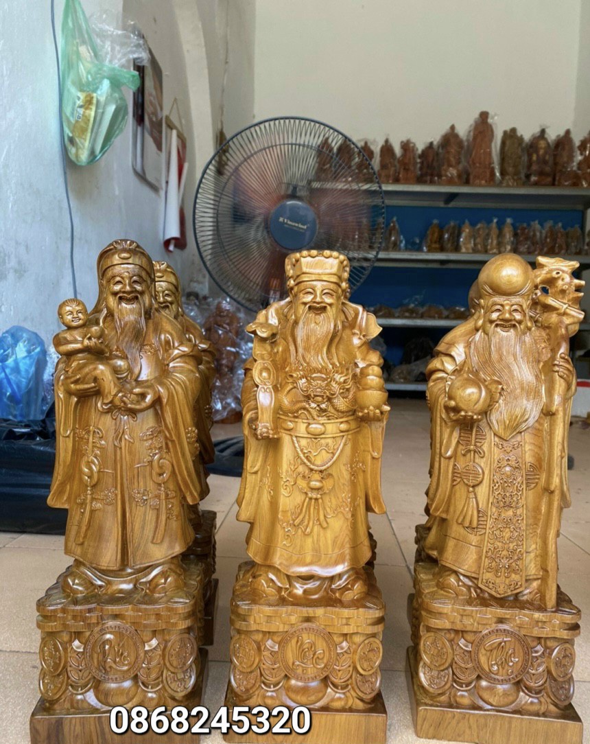 Bộ tượng phật tam đa phúc lộc thọ gỗ bách xanh thơm nức kt cao 30×11×9cm + thêm 1 vòng tay gỗ sưa cao cấp giá trị 250k