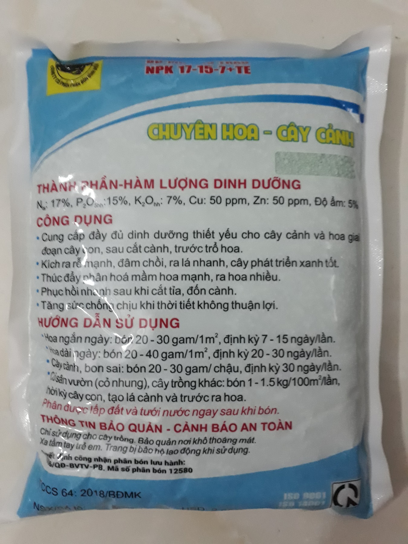 Phân bón đầu trâu MK NPK 17-15-7+TE cao cấp gói 1KG chuyên hoa - cây cảnh