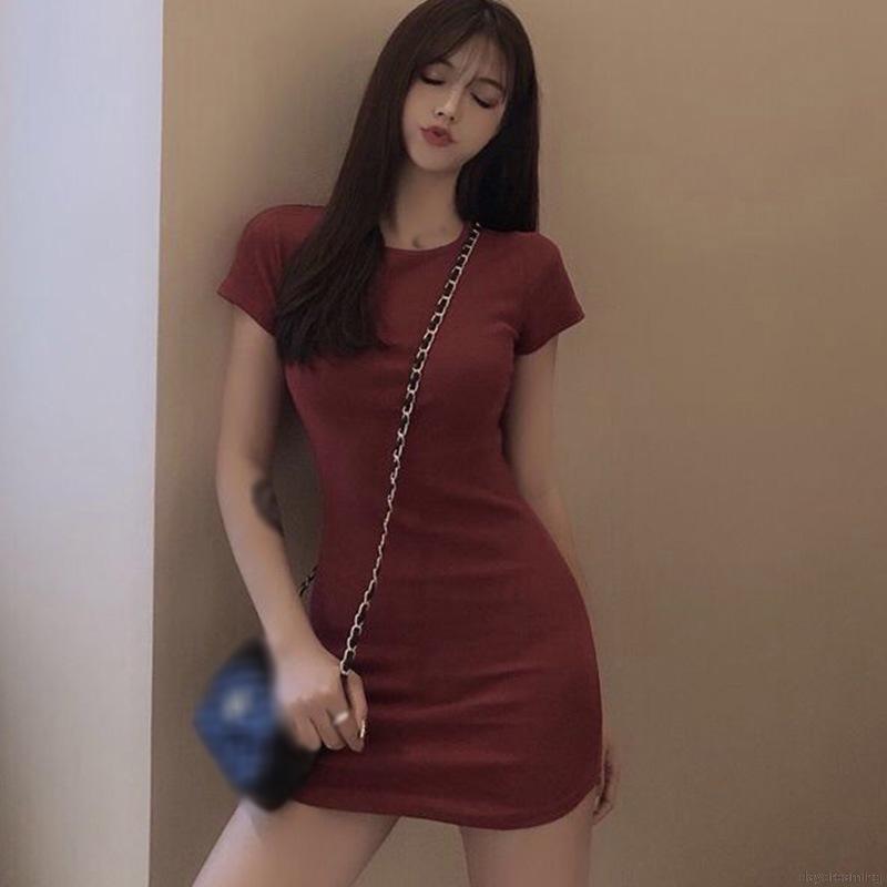 Đầm Thun Ngắn Tay Cổ Tròn Gợi Cảm Dành Cho Nữ