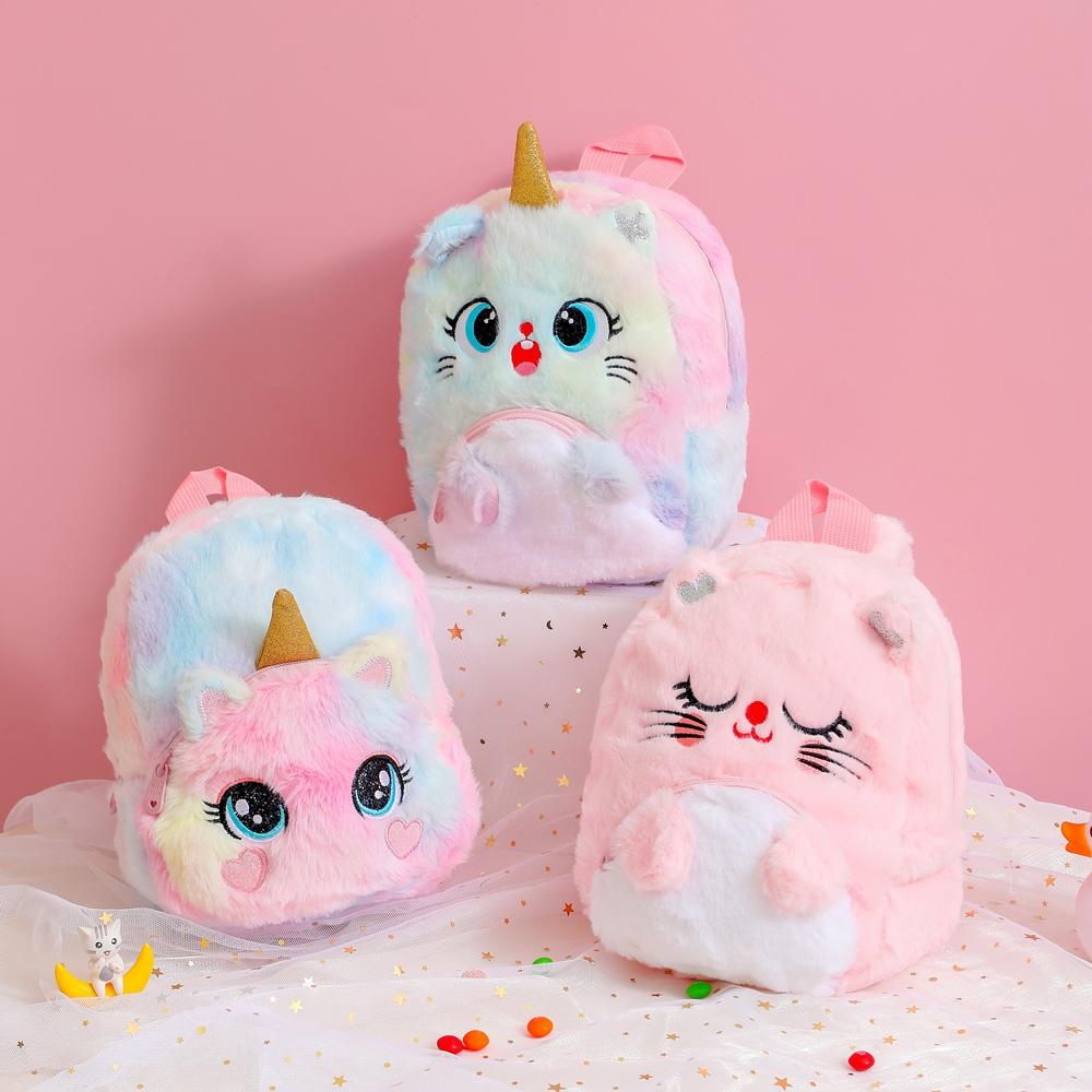 Kawaii Sang Trọng Kỳ Lân Ba Lô Dành Cho Trẻ Em Hoạt Hình Dễ Thương Mèo Schoolbag Thu Đông Kidergarten Trẻ Em Lông Mềm Schoolbag