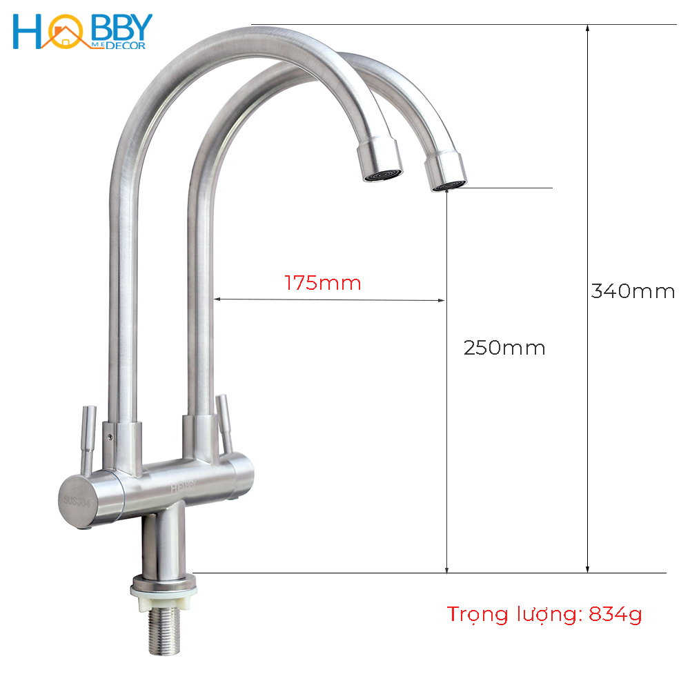 Vòi rửa chén lạnh 2 vòi xả gắn chậu xoay 360 Hobby Home Decor RC2D inox 304 không rỉ sét kèm dây cấp