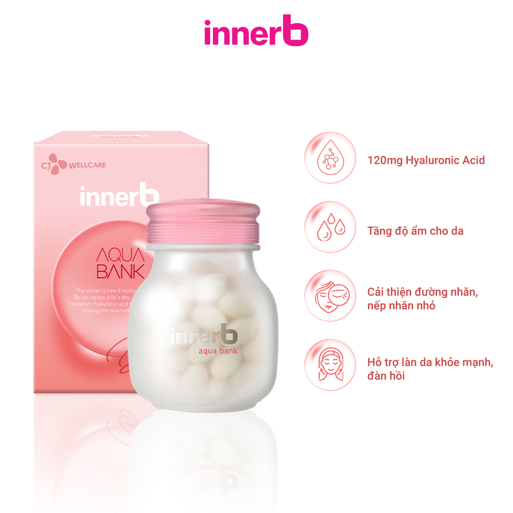 Combo 3 thực phẩm bảo vệ sức khỏe InnerB Aqua Bank (56 viên) + Viên uống hỗ trợ sáng da InnerB Snow White (28g) & Hộp 6 chai nước uống InnerB Glowshot (50mlx6)