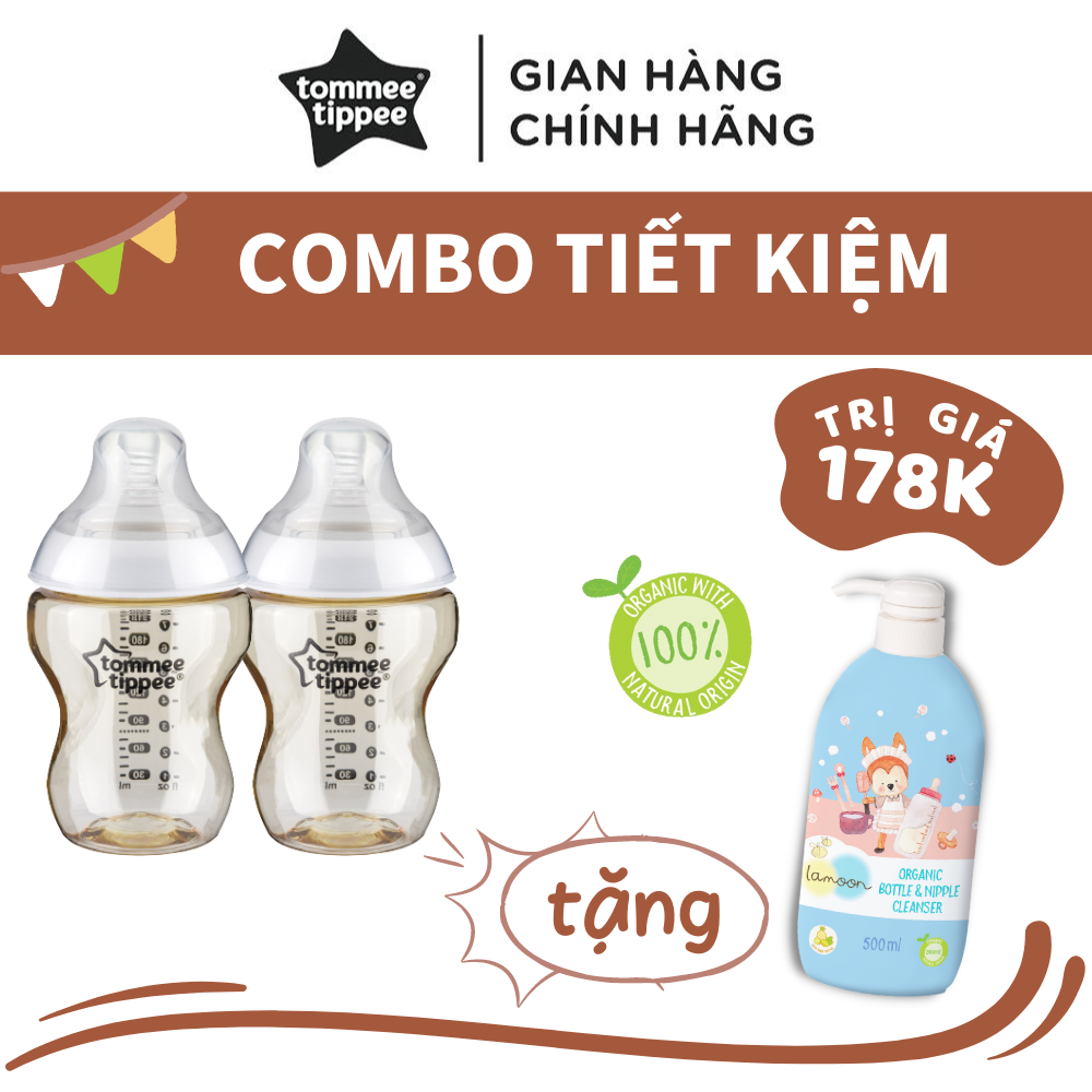 COMBO 2 Bình Sữa Tommee Tippee PPSU Ty Siêu Mềm Tự Nhiên 260ml TẶNG 1 Bình Nước Rửa Bình Sữa Organic Lamoon 500ml