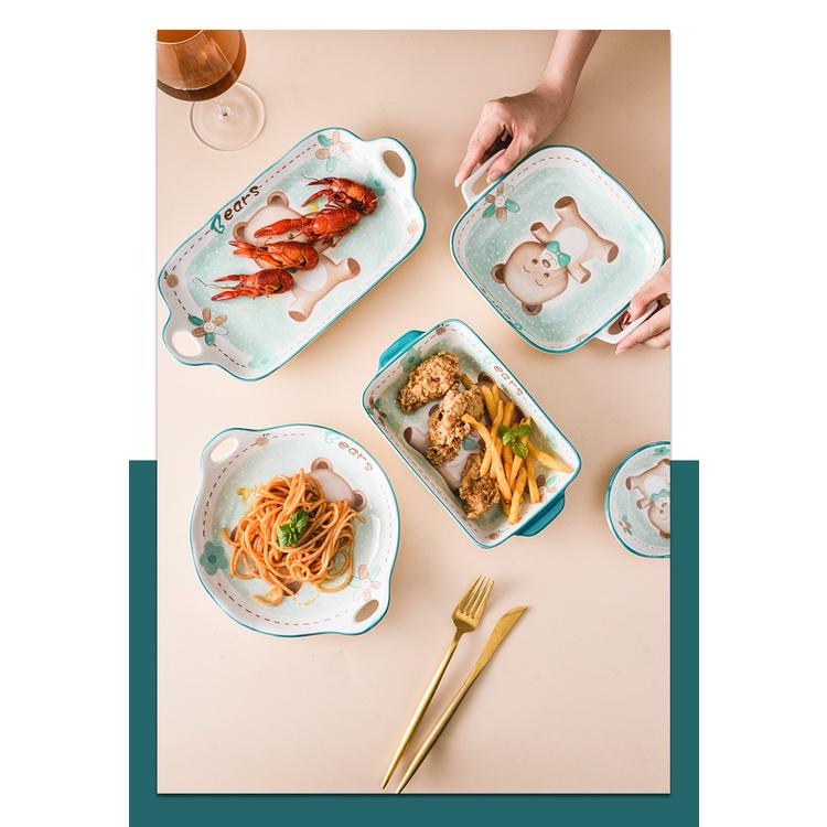 Bộ chén bát sứ, khay sứ Gấu Xanh dễ thương cho bé