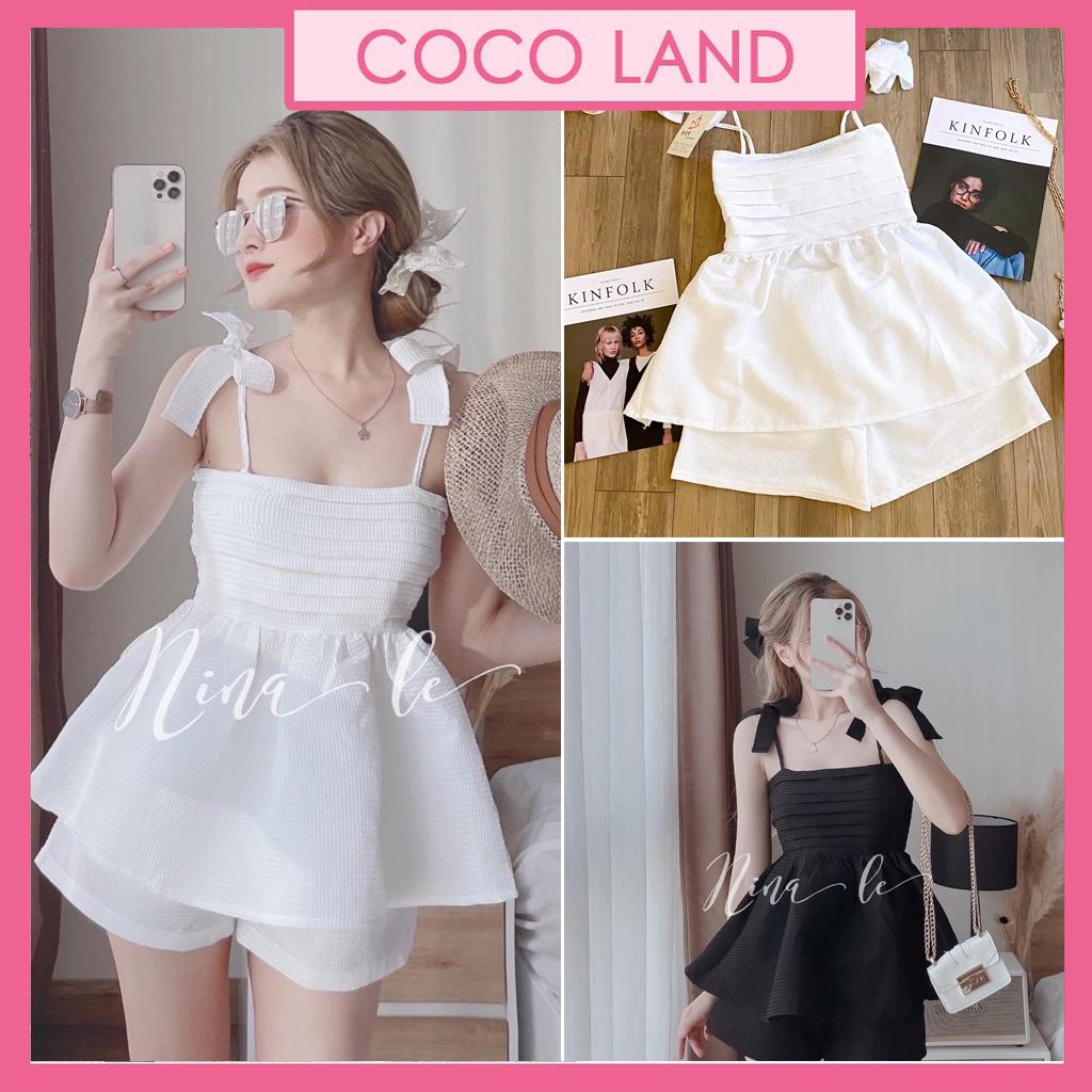 Set Áo 2 Dây Buộc Nơ trắng đen be hồng cocoland Nữ - Bộ đồ babydoll bánh bèo kèm short form rộng Ulzzang