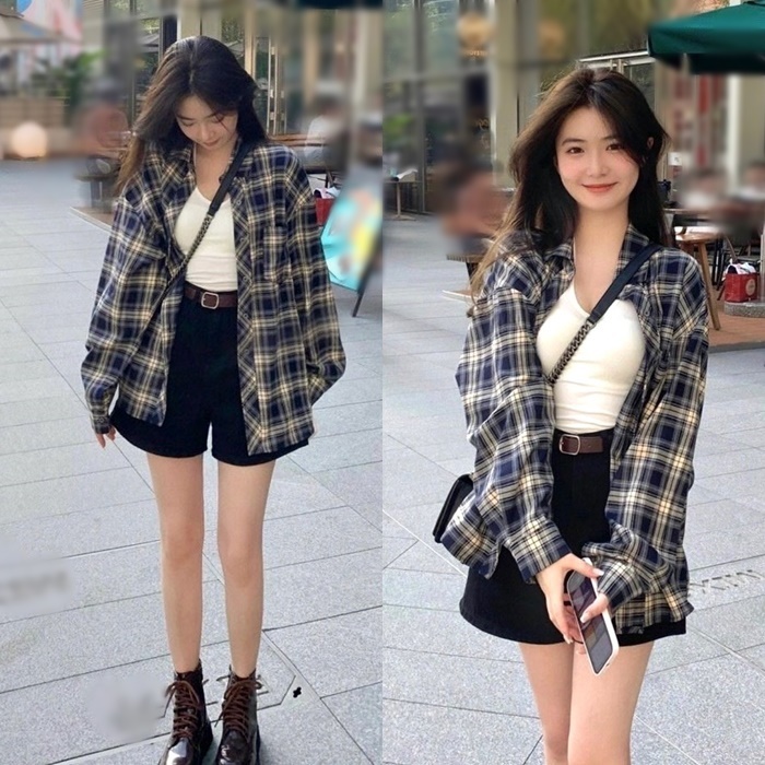 SET ÁO SƠ MI NỮ CARO RỘNG + QUẦN NGẮN SHORTS LƯNG CAO ỐNG RỘNG + ÁO THUN DÂY TRƠN ĐI BIỂN DẠO PHỐ ĐI HỌC ĐI CHƠI CÔNG SỞ