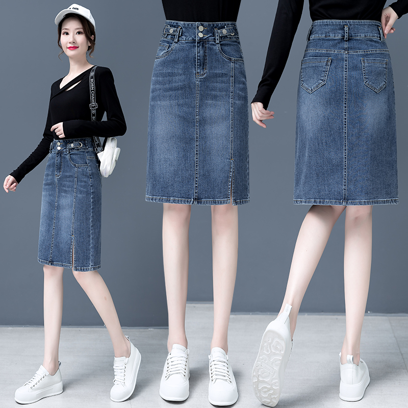 Chân váy jean bút chì ngang gối Quảng Châu co giãn size S - 3XL nữ CV216