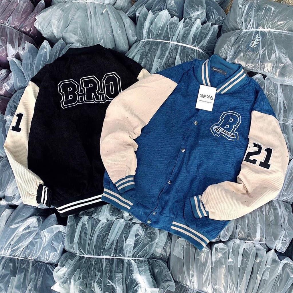 Áo Khoác Bomber BAD REVOLUTION Nhung Gân Tăm Thêu Phối Tay 2 Màu 2 Lớp Form Rộng Unisex Nam Nữ Ulzzang