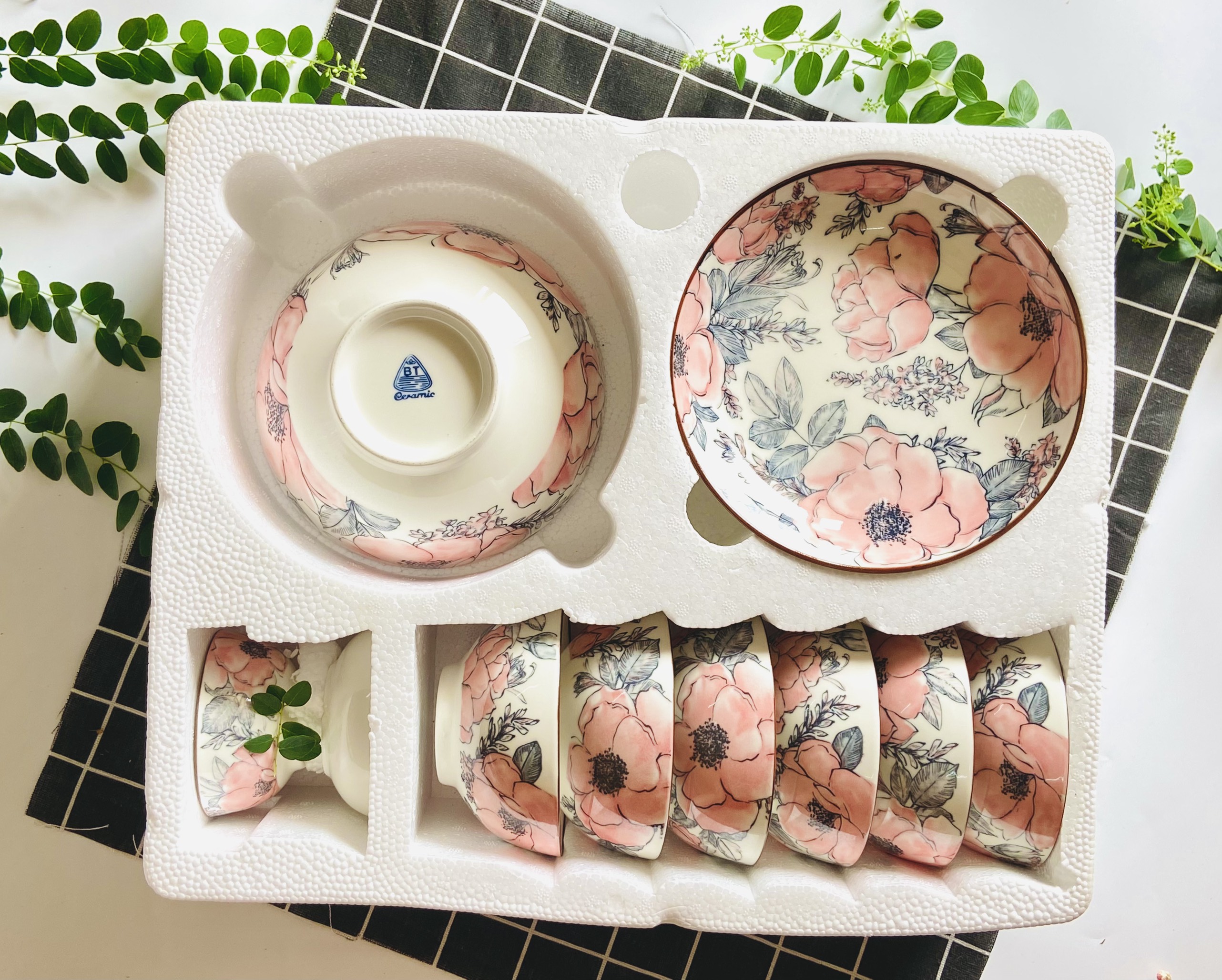 [HÀNG CAO CẤP]Bộ chén đĩa sứ cao cấp phong cách Nhật Bản 10 chi tiết, hoa văn sắc xưa giả cổ (6 chén,1 đĩa ,1 tô, 2 đĩa chấm)- có hộp đựng sang trọng