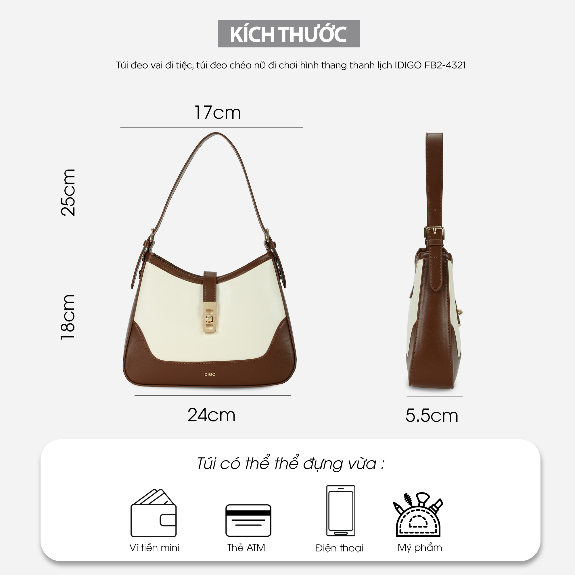 Túi đeo vai đi tiệc, túi đeo chéo nữ đi chơi hình thang thanh lịch IDIGO FB2-4321