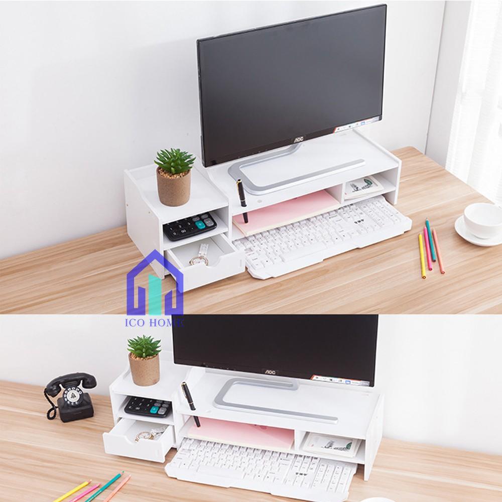 Kệ gỗ để màn hình máy tính, laptop cho bàn làm việc gọn gàng, có hộc kéo - ICO HOME