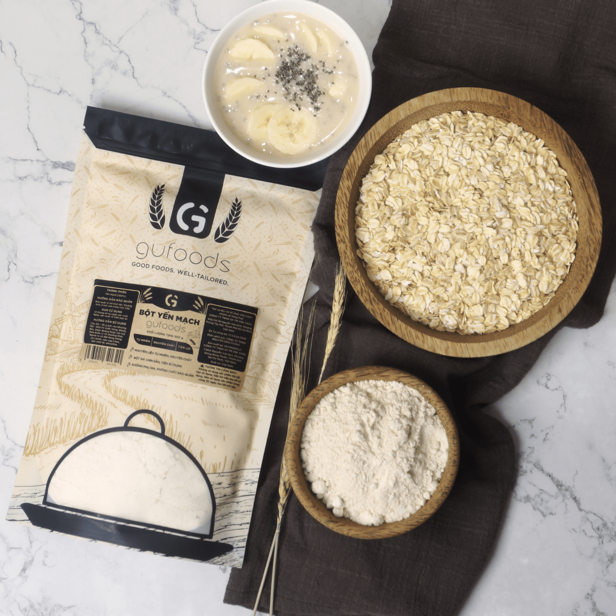 Bột Yến mạch ăn liền GUfoods (túi 500g) - Nguyên liệu nhập khẩu, Bột đã chín, Giàu chất xơ &amp; protein thực vật, Tốt cho sức khoẻ, Ăn kiêng, Healthy, Tập gym, Eat clean