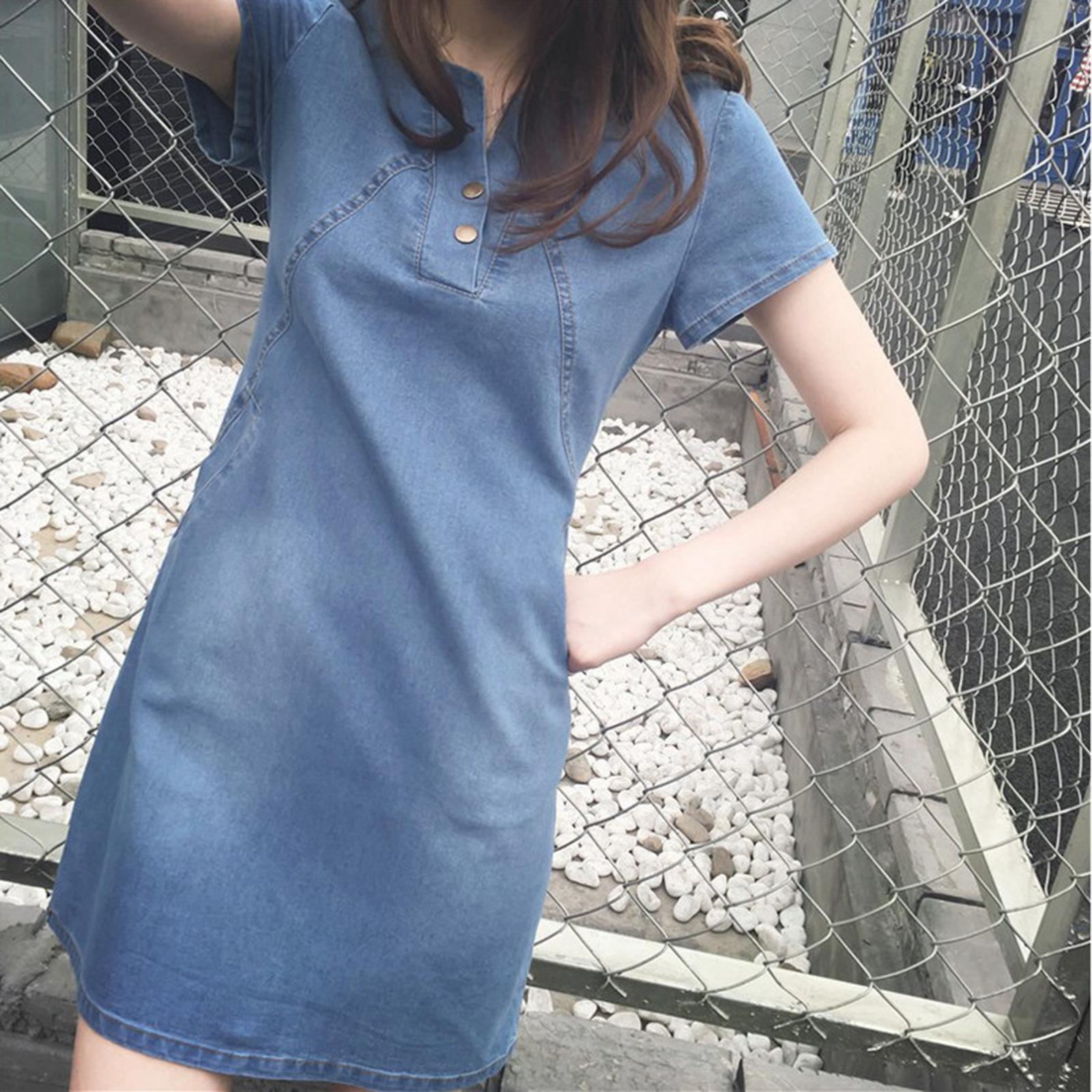 Short Denim Dress for Women Slim Fit Short Sleeve A-Line Casual Shirt for Party Travel Korean Style Solid Color