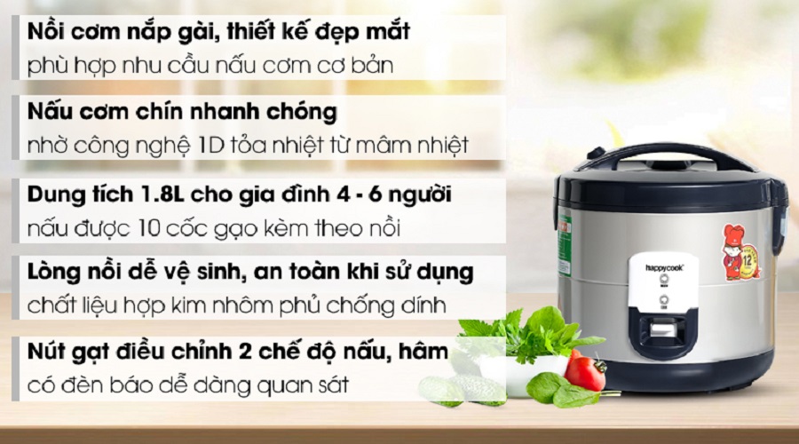 Nồi Cơm Điện Nắp Cài Happy Cook HCJ-180V (1.8L) - Hàng Chính Hãng