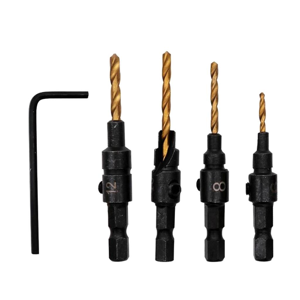 4x HSS Titanium Coated Countersink Drill Bit Set Quick Change Hex Shank Screw #6#8#10#12