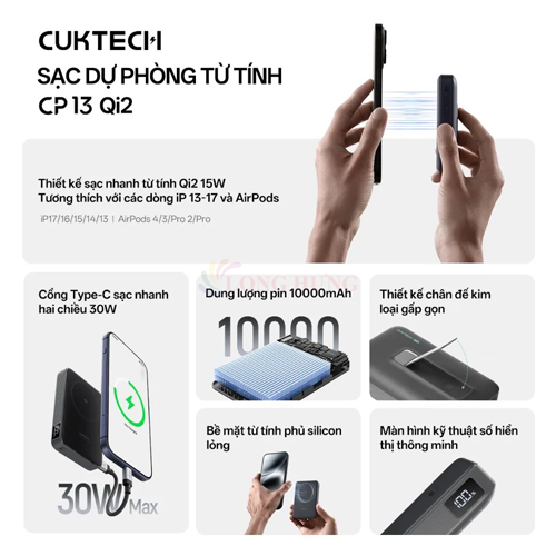 Sạc dự phòng Cuktech Magnetic Power Bank Magnetic 10000mAh 35W CP13 WPB100 - Hàng chính hãng