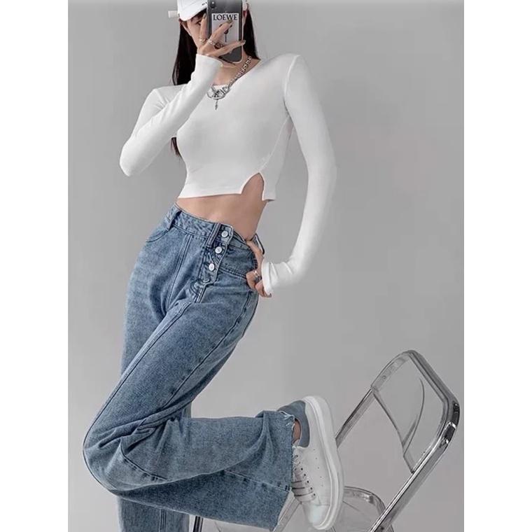 Quần Jeans nữ ống suông phối nút 8022