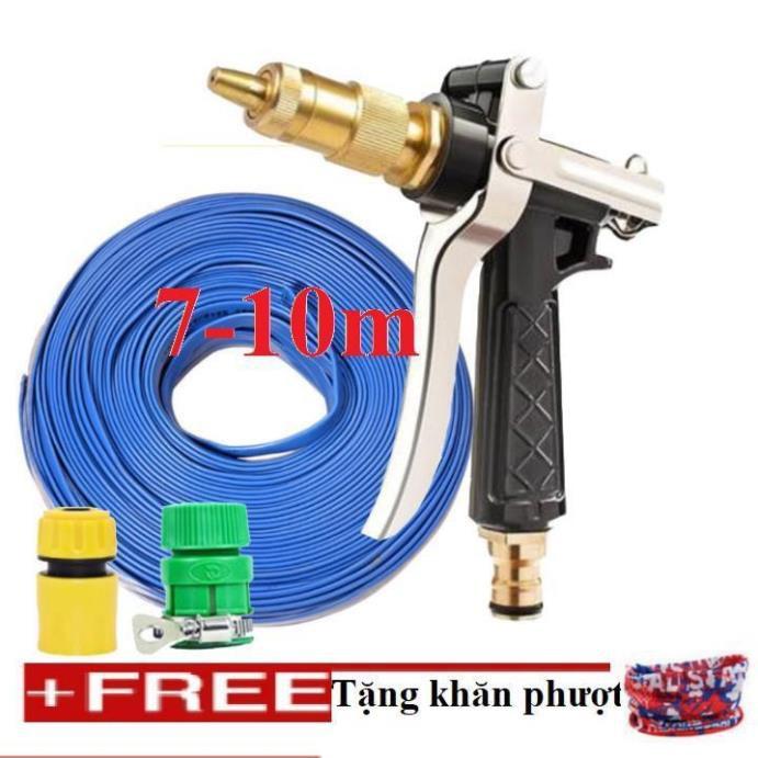 Bộ dây vòi xịt nước rửa xe, tưới cây . tăng áp 3 lần, loại 7m, 10m 206236 đầu đồng,cút,nối vàng+ tặng khăn phượt TL