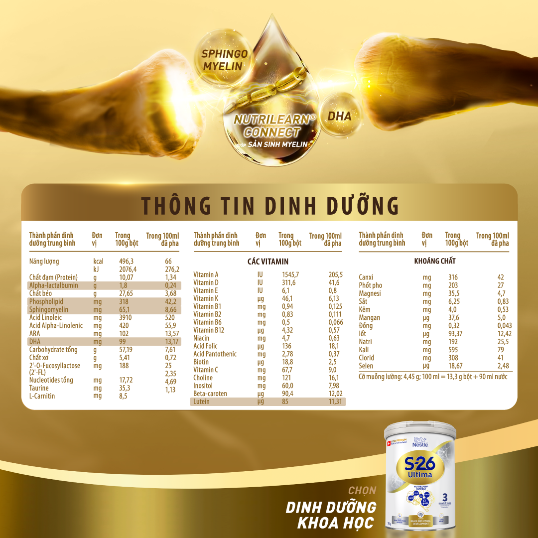 Sữa Bột Nestlé S-26 ULTIMA 3 (S26) 750G từ Thụy Sỹ độc quyền tăng tốc độ kết nối não bộ 2,5 lần với NUTRILEARN CONNECT  - Tặng Đèn học để bàn