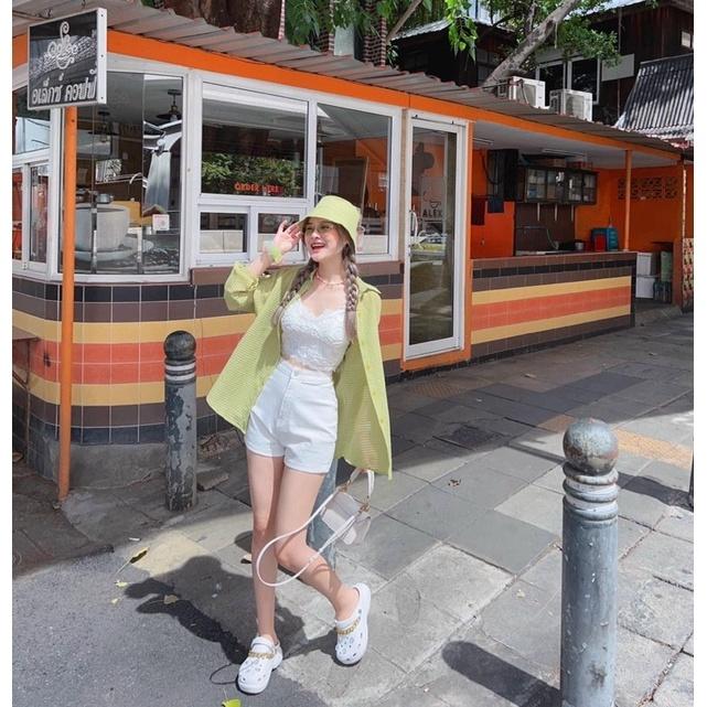 Sét 3 món áo sơmi phom dài + áo bra ren và quần sooc ngắn